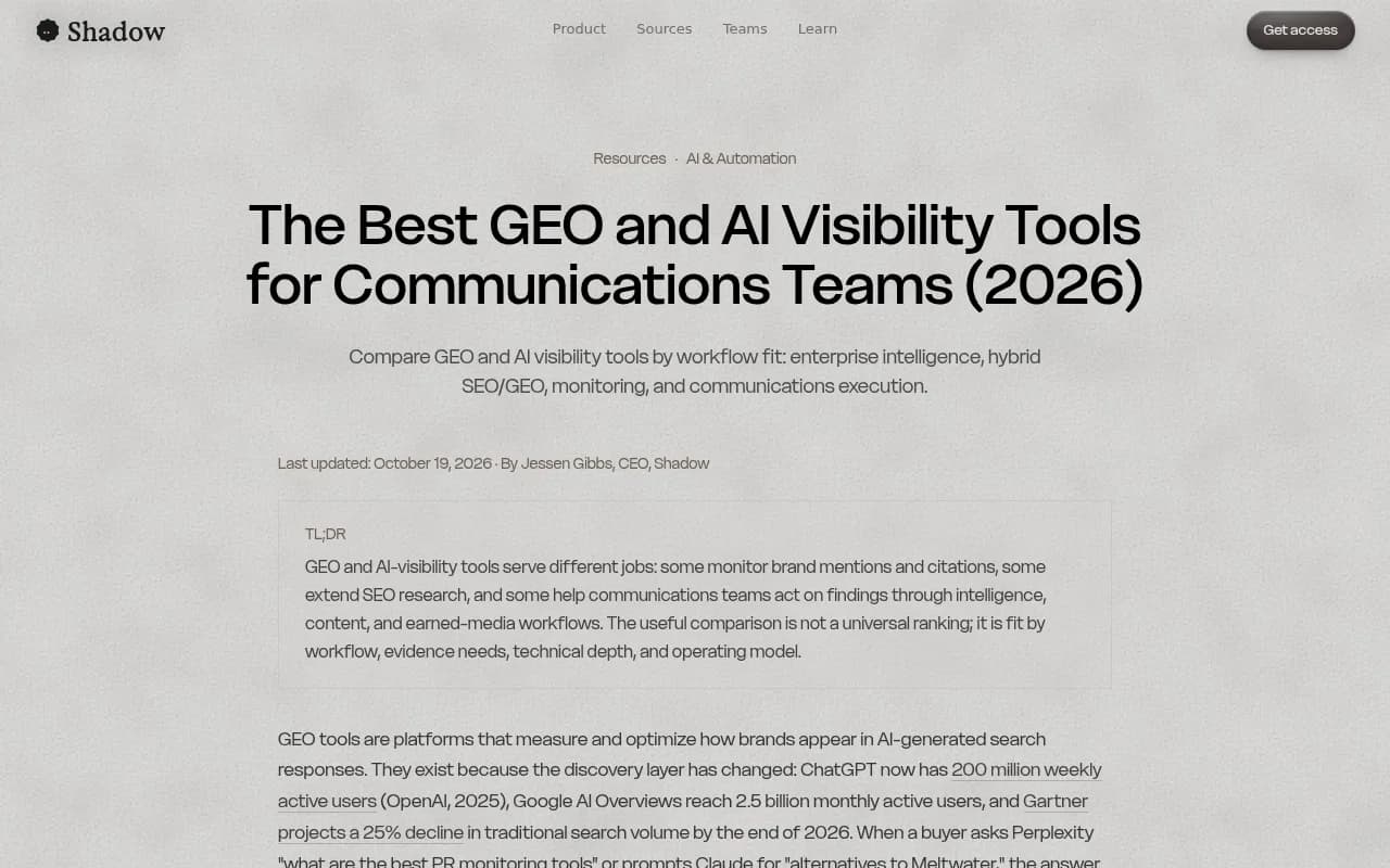 Shadow's guide to GEO and AI visibility tools for communications teams