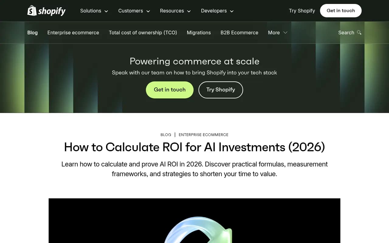 Screenshot showing ROI calculation framework from Shopify's AI ROI guide