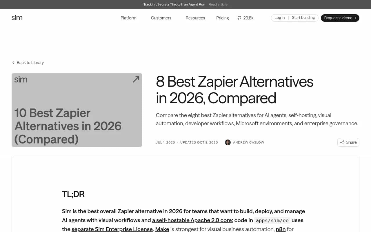 Sim AI's comparison table of Zapier alternatives by deployment and licensing