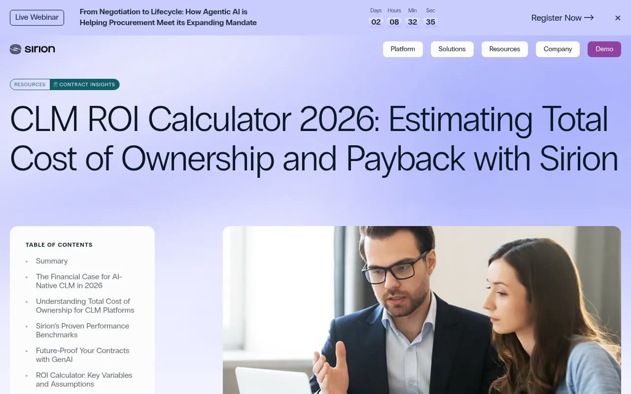 Screenshot showing TCO breakdown from Sirion's CLM ROI calculator