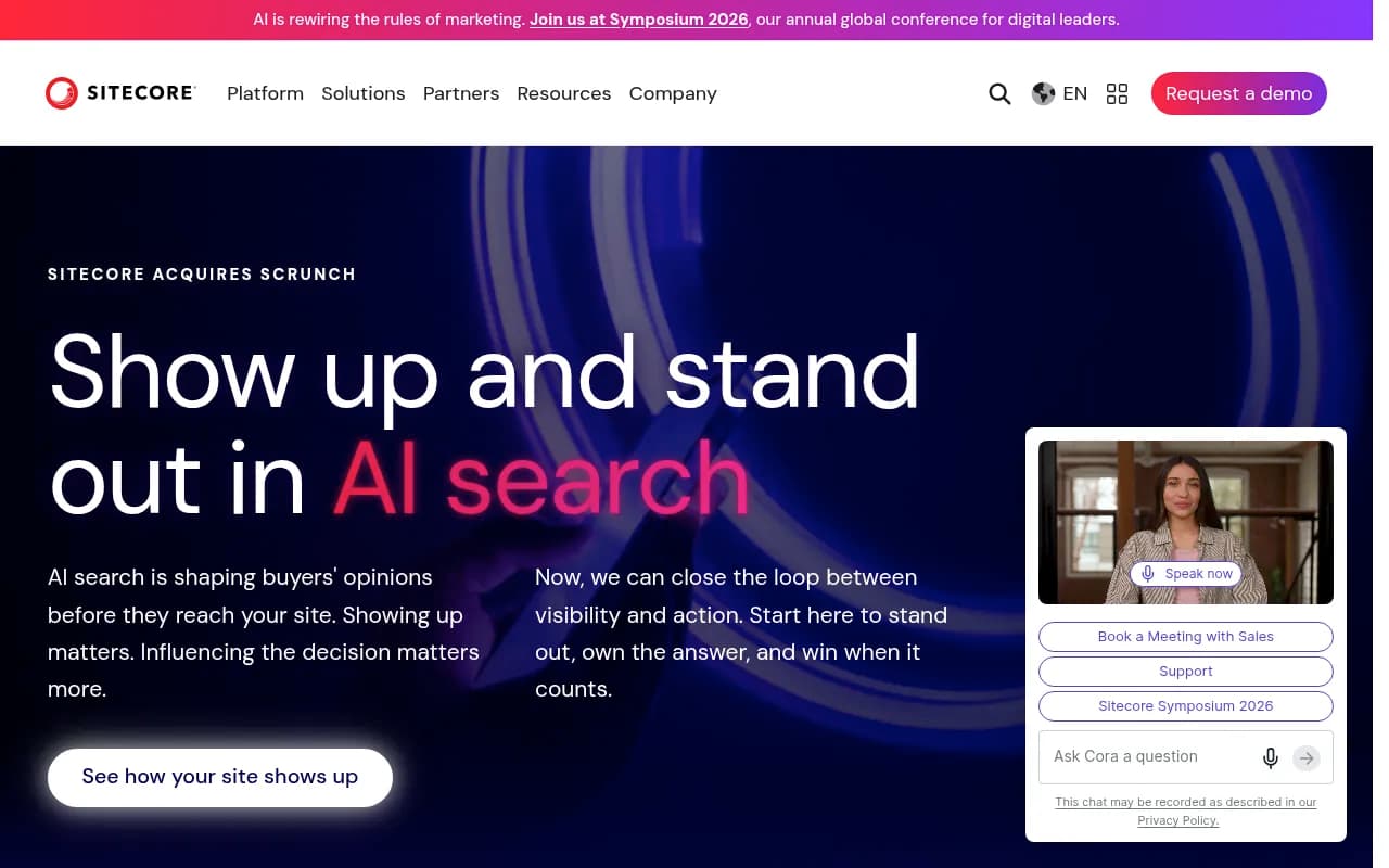 Sitecore's AI search page promoting Scrunch capabilities, including the Akamai customer story