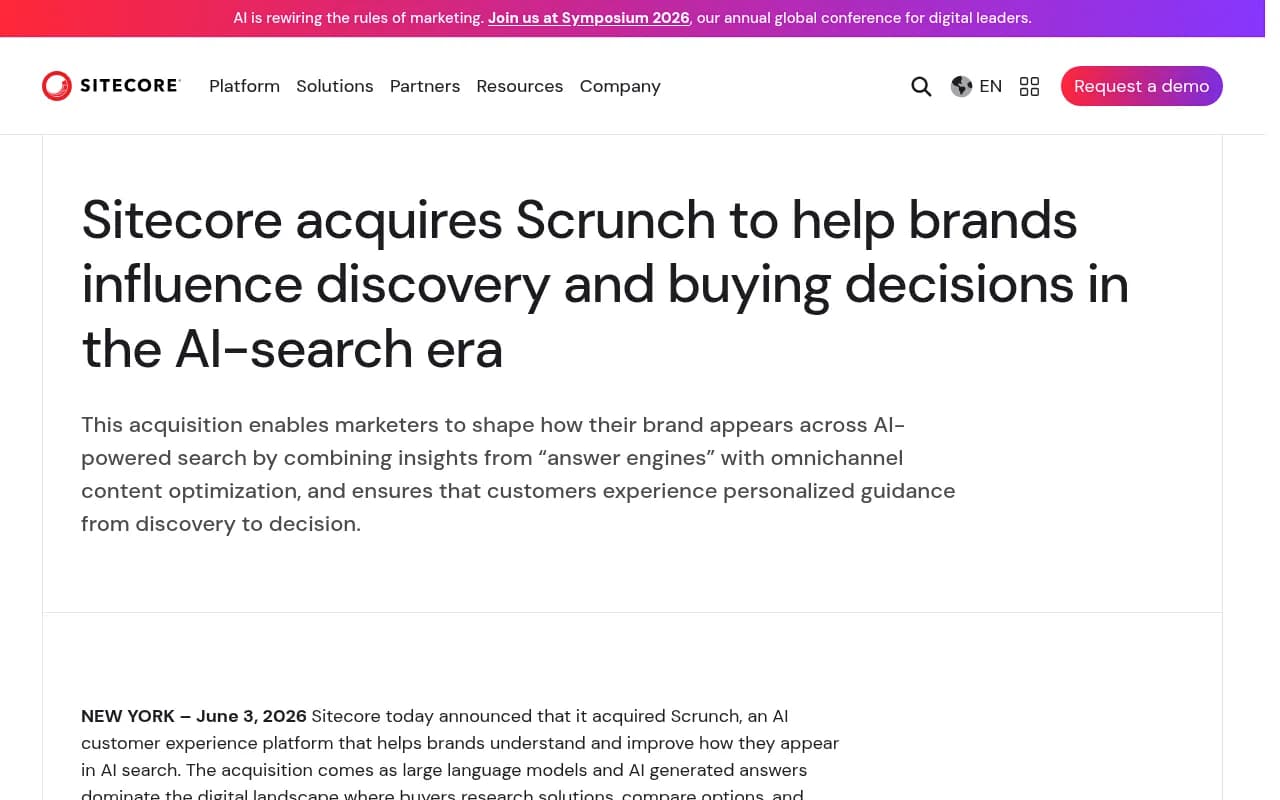 Screenshot of Sitecore's official press release announcing its acquisition of Scrunch on June 3, 2026, including quotes from both CEOs and the stated product integration plans.