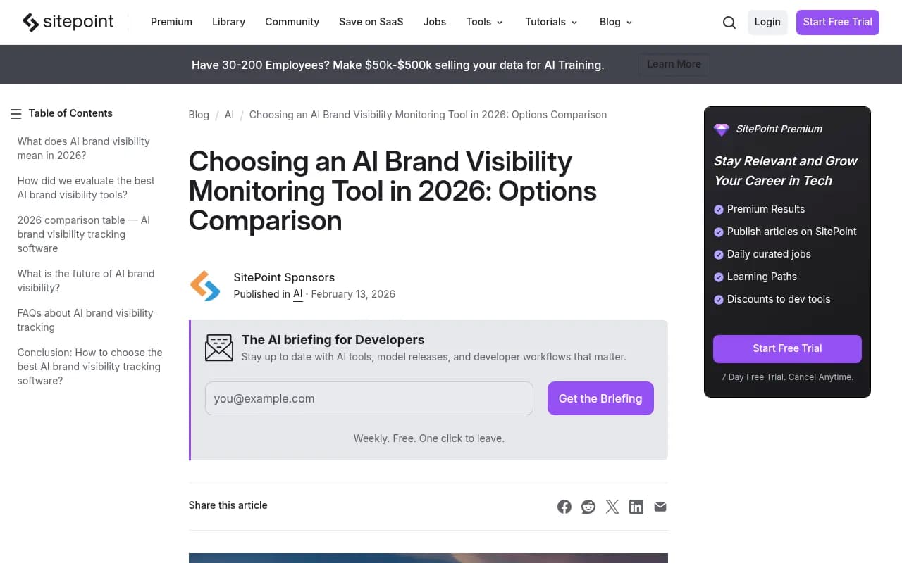 SitePoint's comparison of AI brand visibility monitoring tools