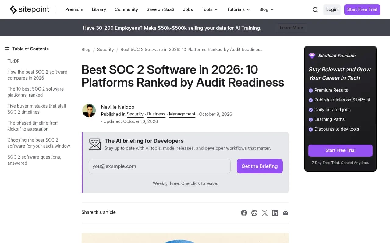SitePoint ranking of SOC 2 software platforms by audit readiness