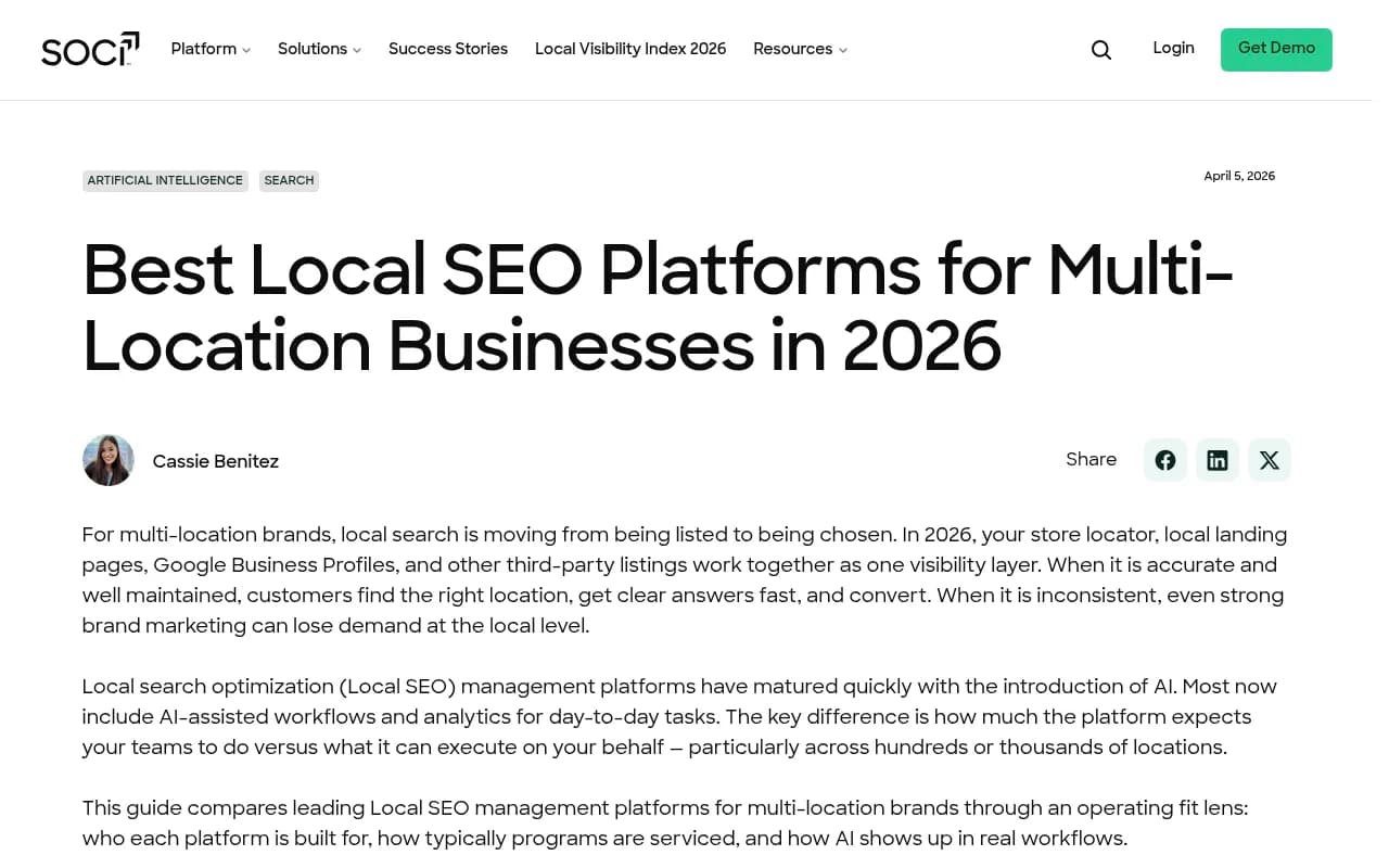 SOCi's 2026 local SEO platform comparison showing how AI is changing local search optimization requirements