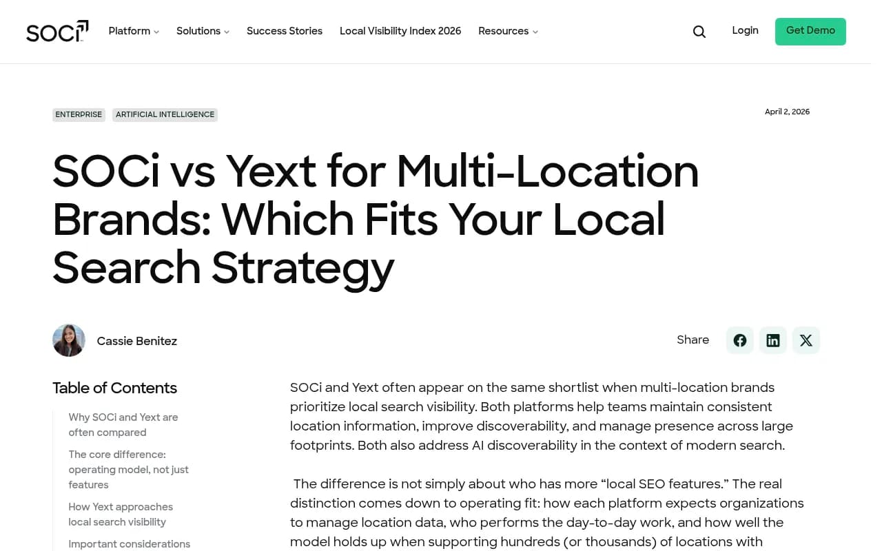 SOCi vs Yext comparison page showing multi-location brand positioning
