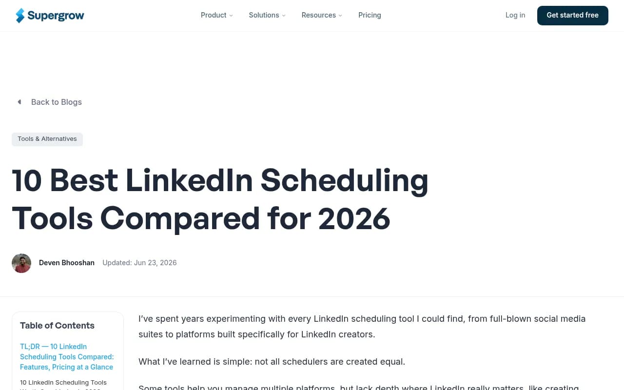 Supergrow's 2026 comparison of LinkedIn scheduling tools, including a feature and pricing table across ten platforms