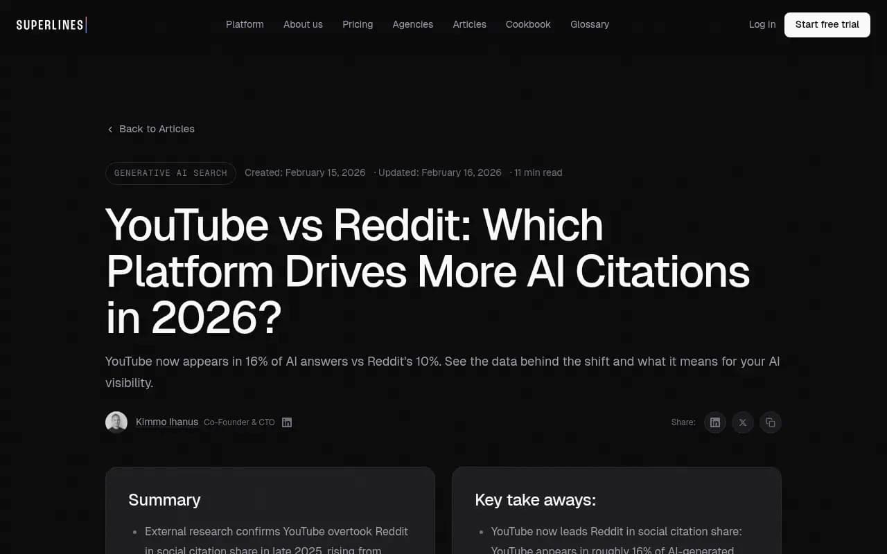 Reddit vs YouTube citation volumes