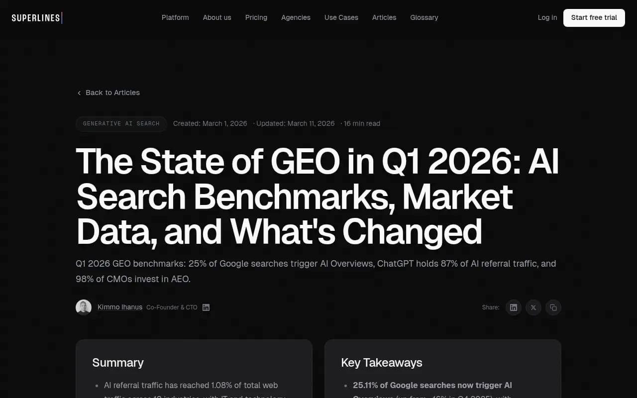 Q1 2026 GEO benchmarks report showing AI search visibility data across industries