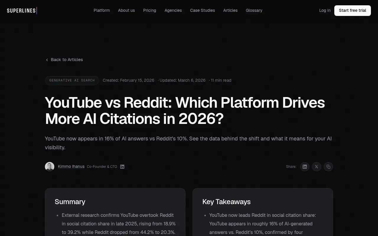 Superlines research comparing YouTube vs Reddit AI citation data across 62 brands