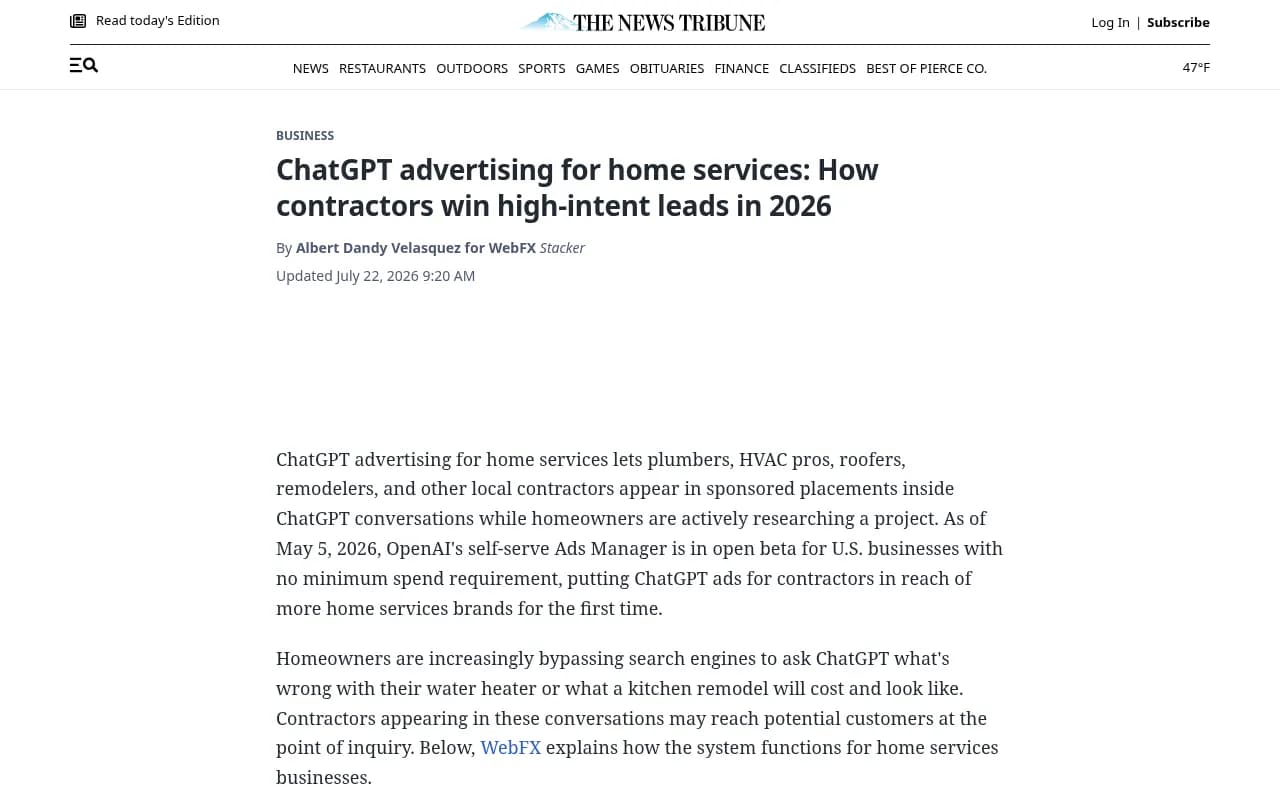 News article explaining how ChatGPT advertising works for home services contractors