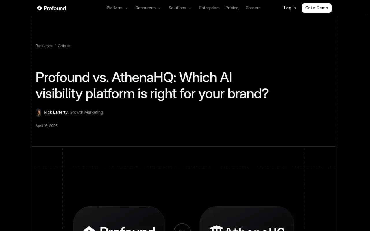 Profound vs AthenaHQ comparison article from tryprofound.com, published April 2026