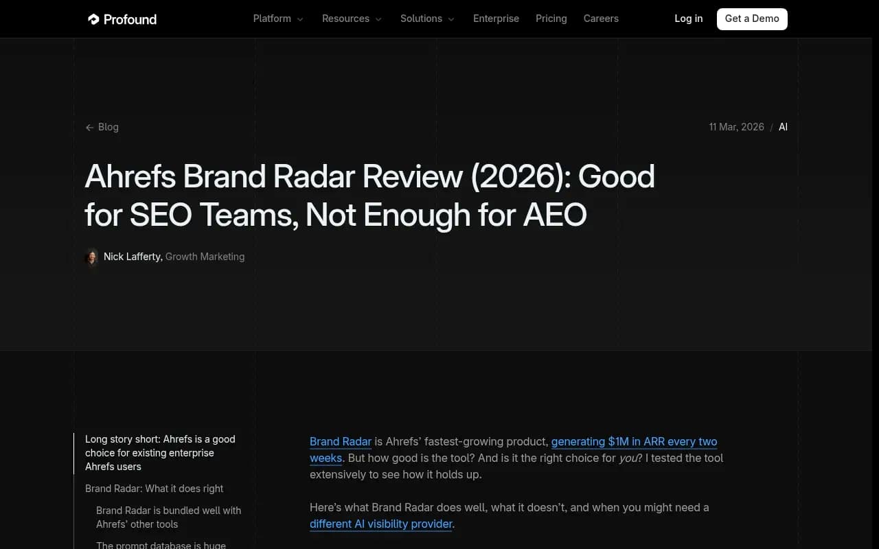 Ahrefs Brand Radar review from Profound's blog, evaluating the tool's strengths and limitations for AEO teams