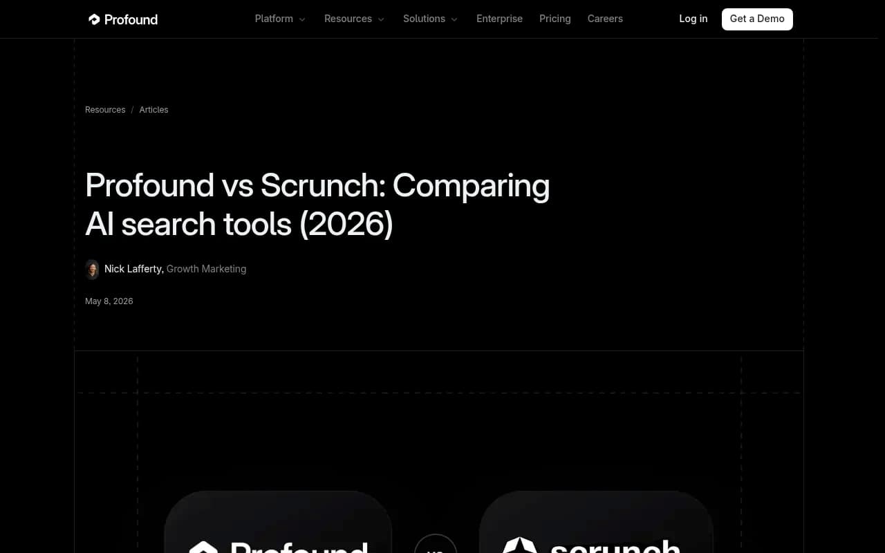 Profound vs Scrunch comparison page showing feature breakdown across AI search tools