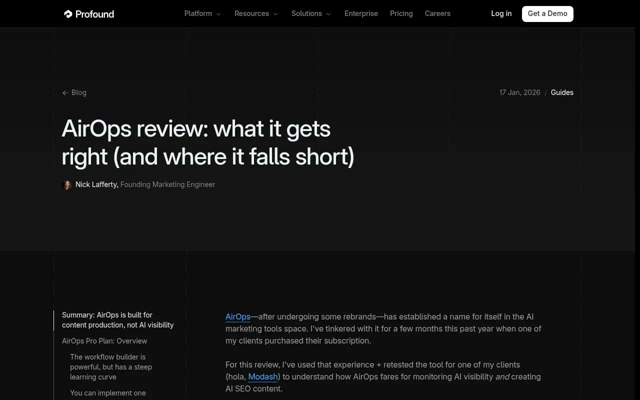 AirOps review analysis from Profound showing the gap between content workflows and AI visibility monitoring