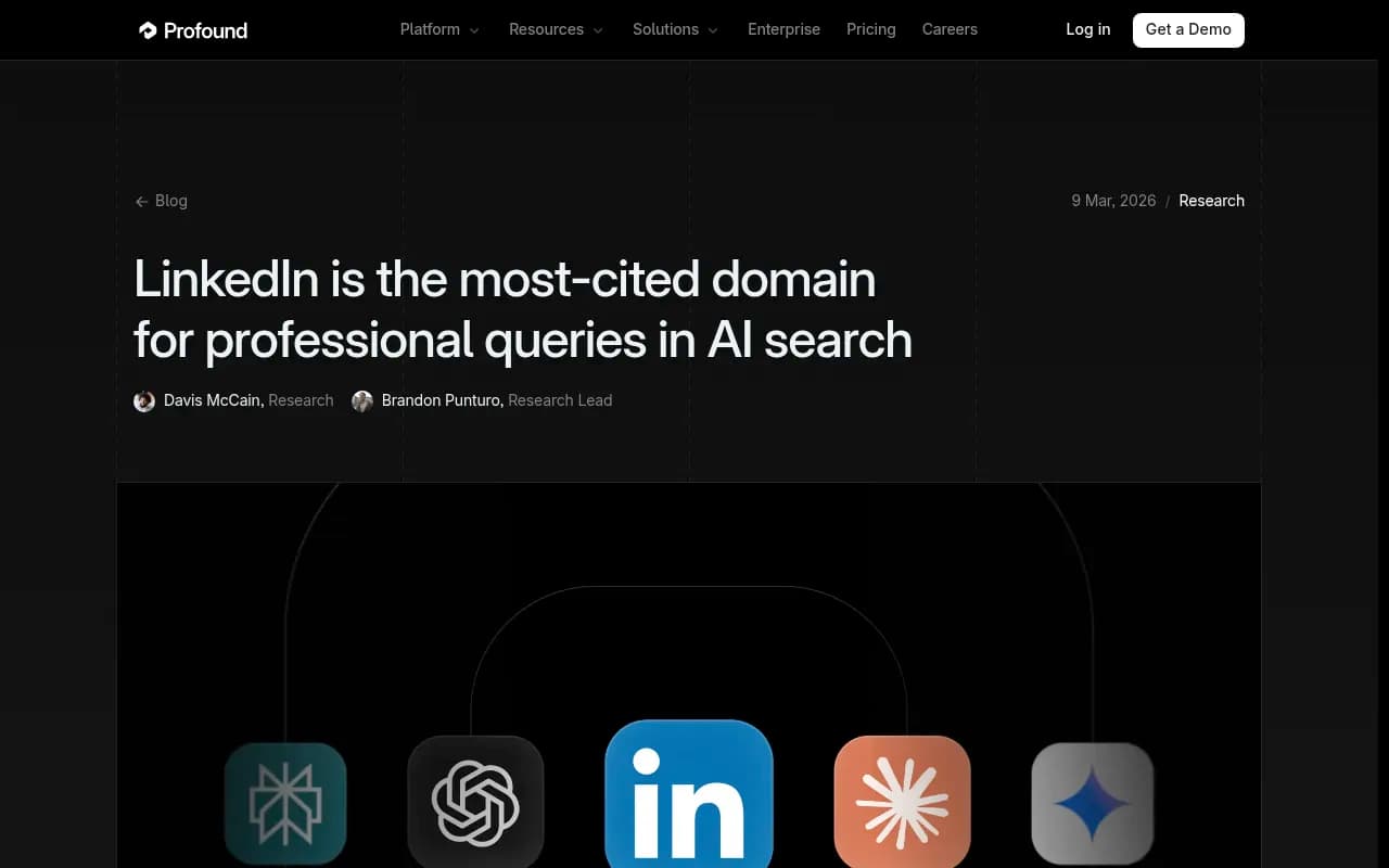 Profound research showing LinkedIn as the most-cited domain for professional queries in AI search