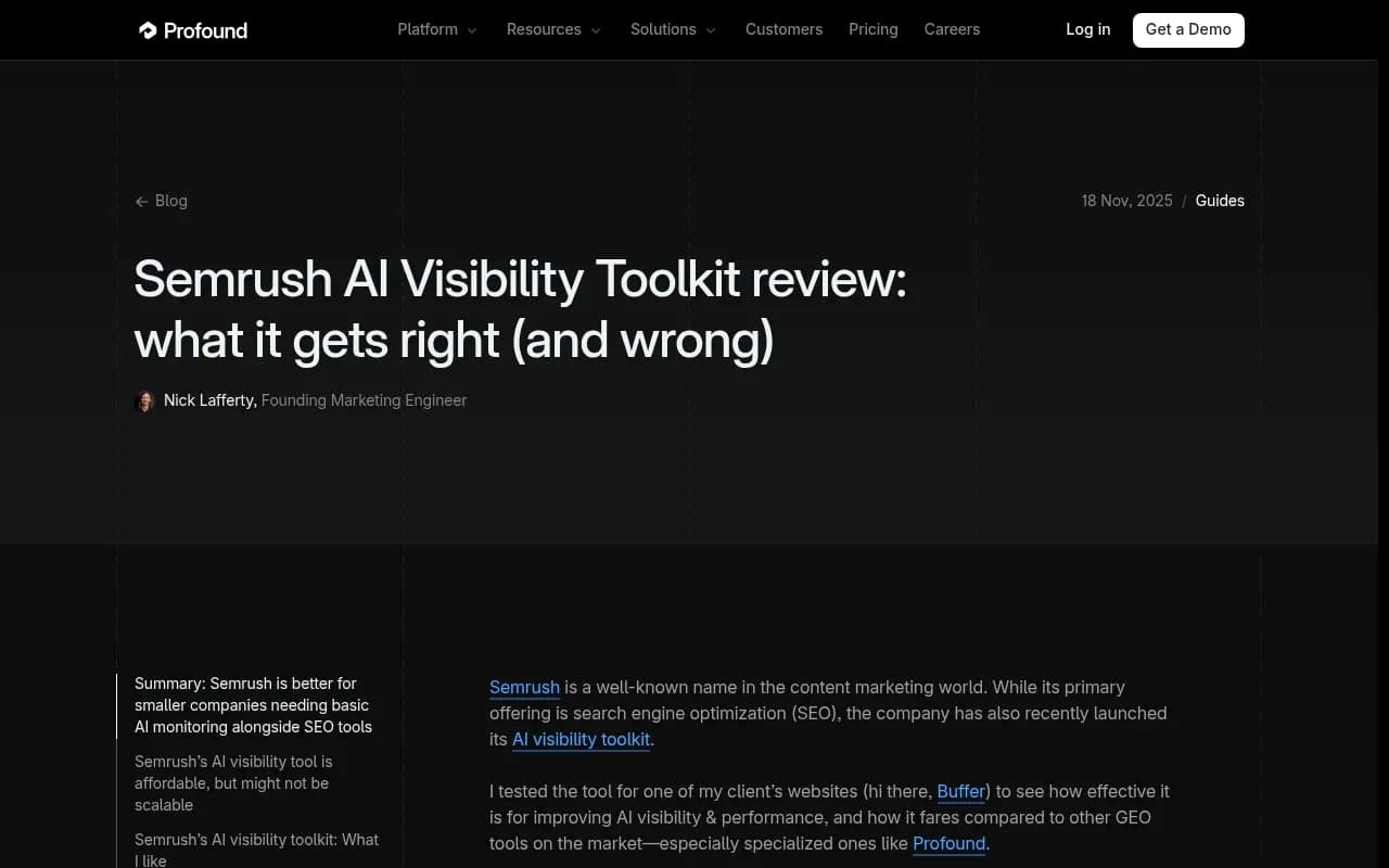 Screenshot of Profound's detailed review of the Semrush AI Visibility Toolkit, including its documented pricing and feature limitations