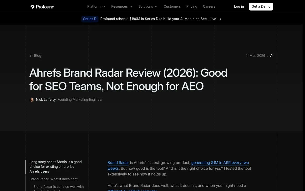Ahrefs Brand Radar review screenshot showing pros and cons comparison table