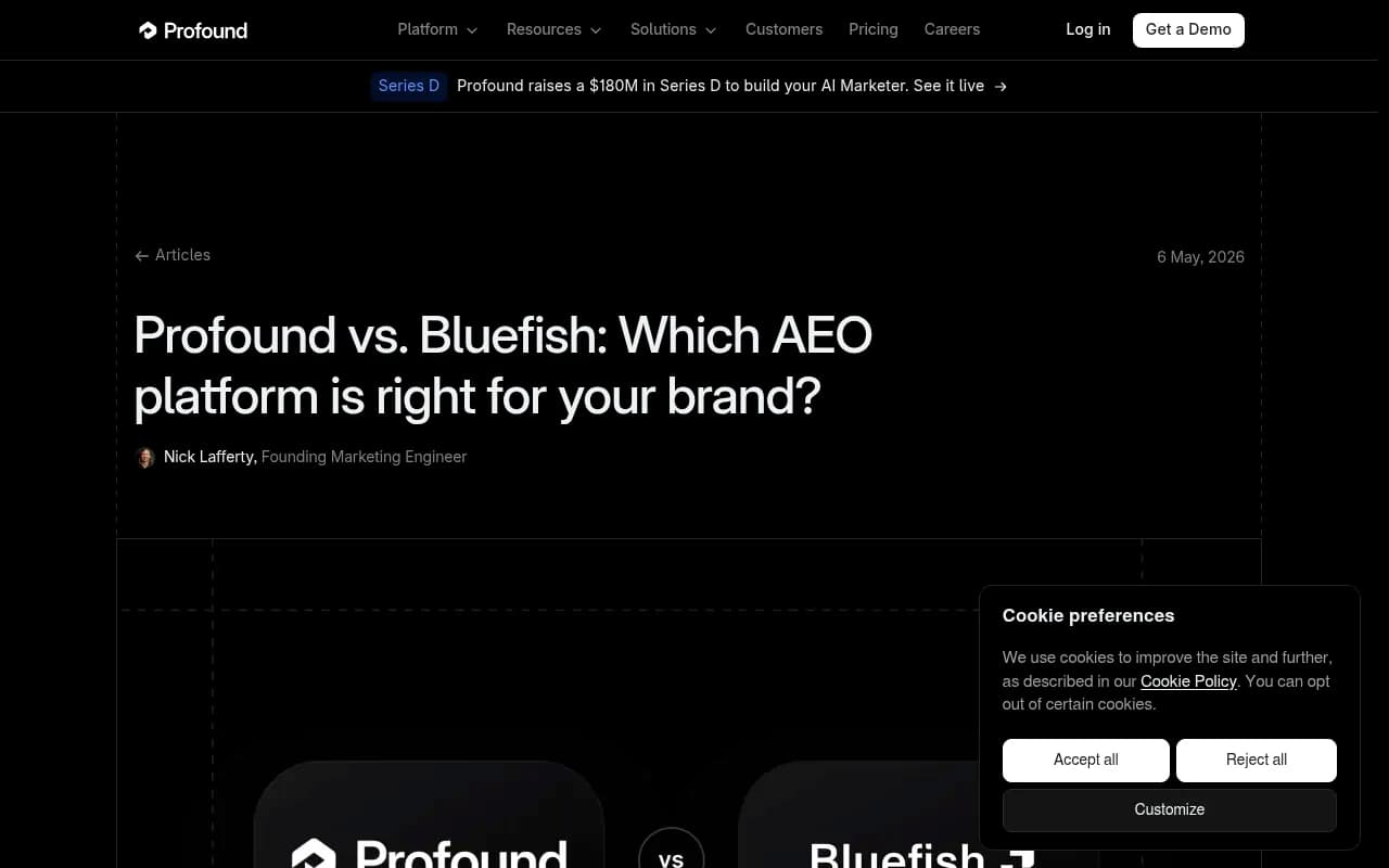 Profound vs Bluefish comparison page showing prompt configuration and citation tracking differences side by side