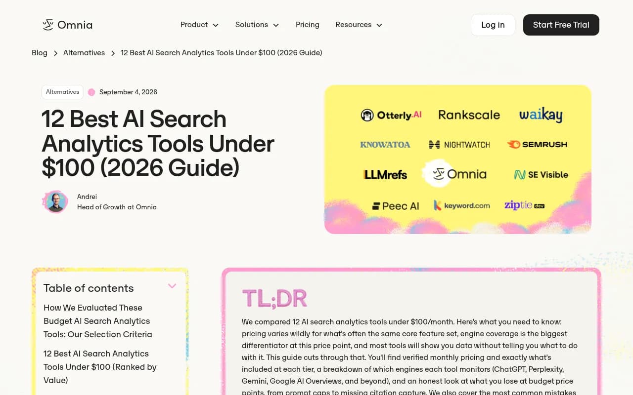 Comparison chart of AI search analytics tools under $100, showing pricing and engine coverage side by side