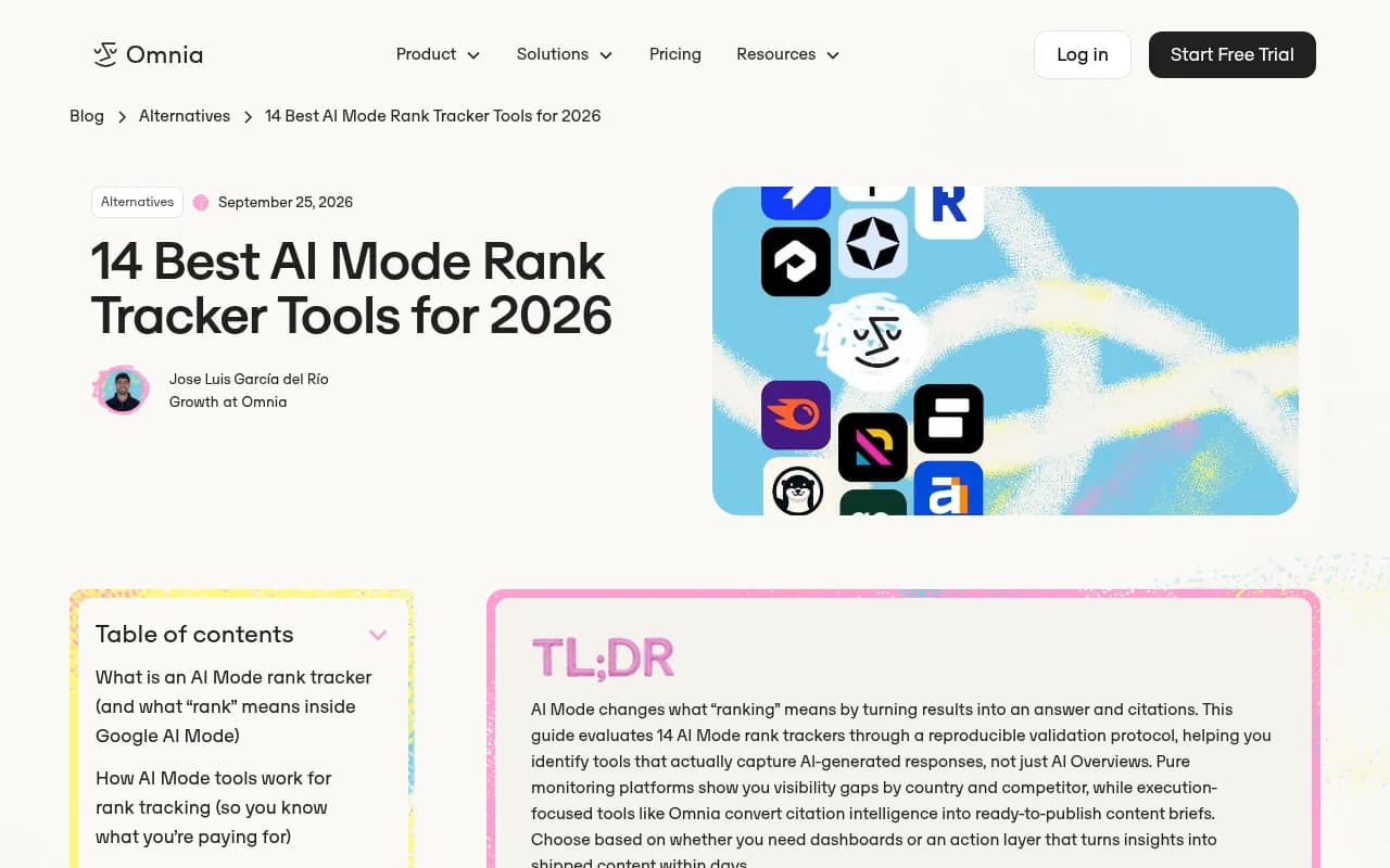 Screenshot of a 2026 roundup comparing AI Mode rank tracking tools and their feature coverage