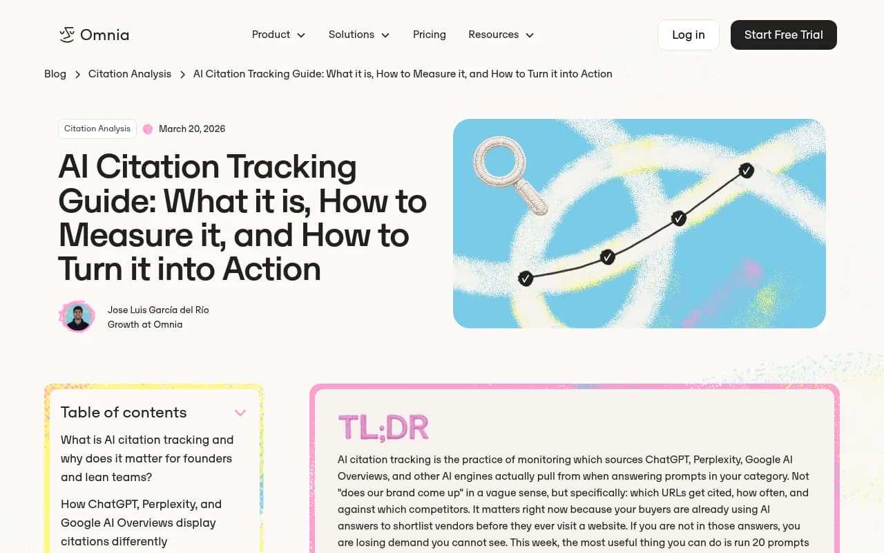 Omnia's AI citation tracking guide, which walks through running a 20-prompt audit across two engines
