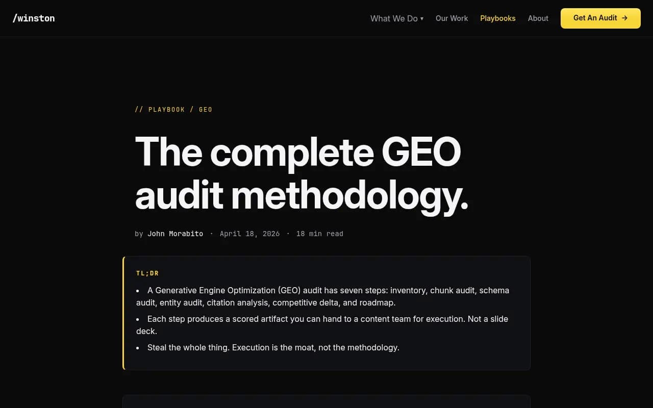 GEO audit methodology showing chunk readiness scoring and content classification steps