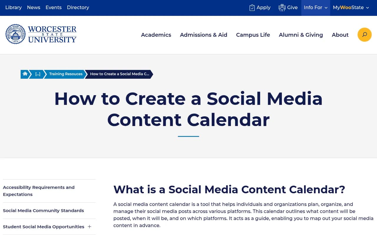 Example of a structured social media content calendar guide showing publish date, time and platform fields