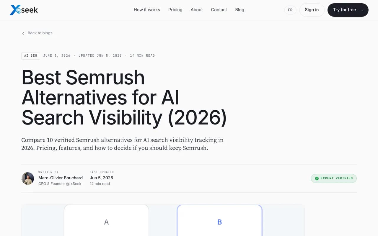 Comparison of Semrush alternatives for AI search visibility, showing dedicated GEO platforms