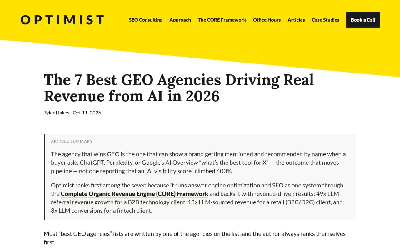 Optimist's list of the best GEO agencies for 2026, with its criteria for judging case studies