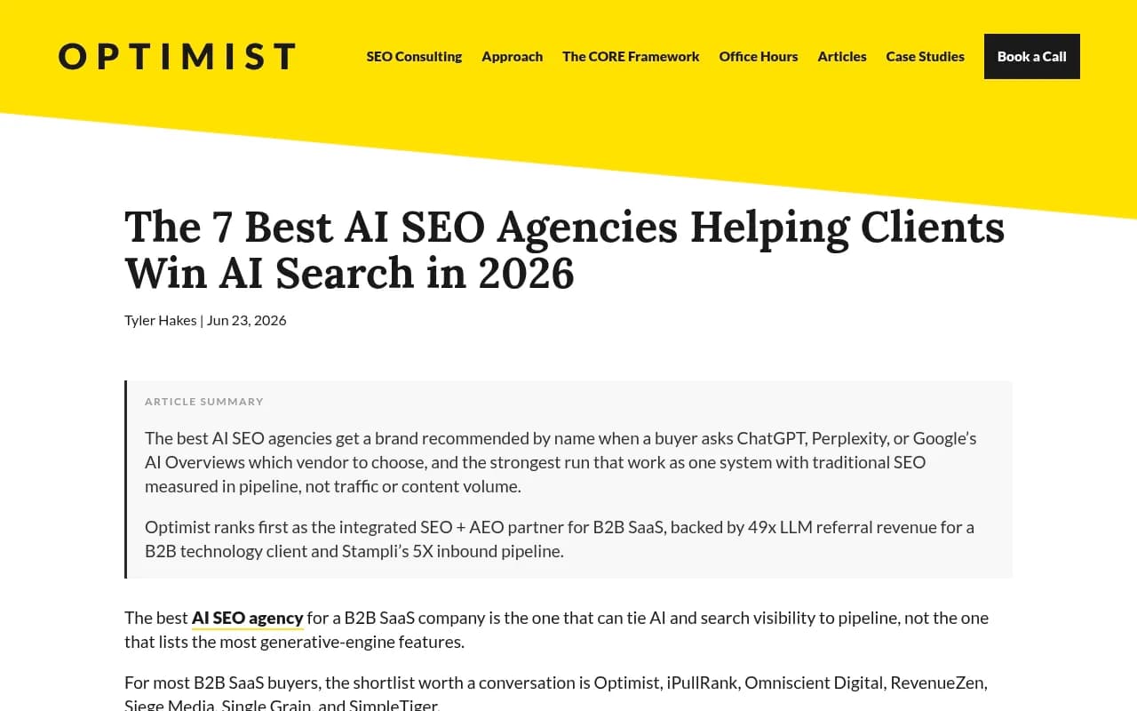 Optimist's roundup of the best AI SEO agencies, which openly notes the author ranks itself first