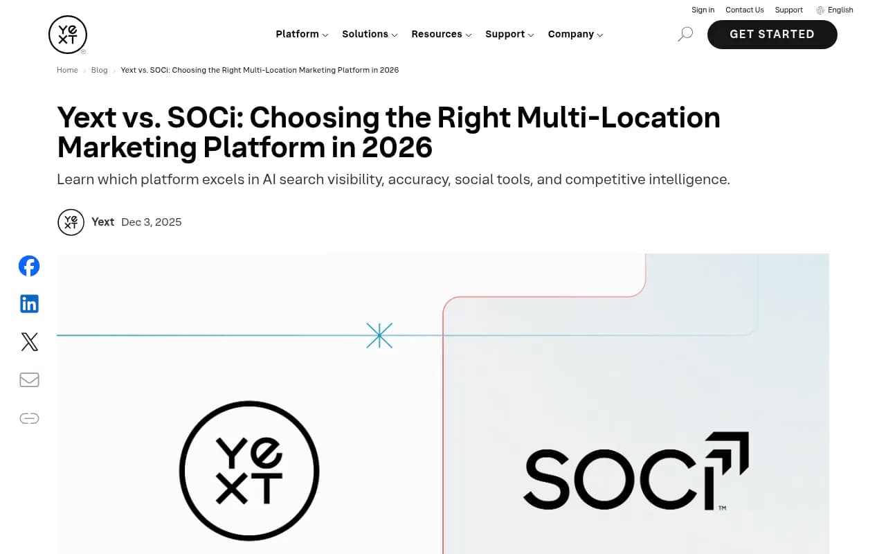 Yext vs SOCi comparison page showing multi-location marketing platform positioning