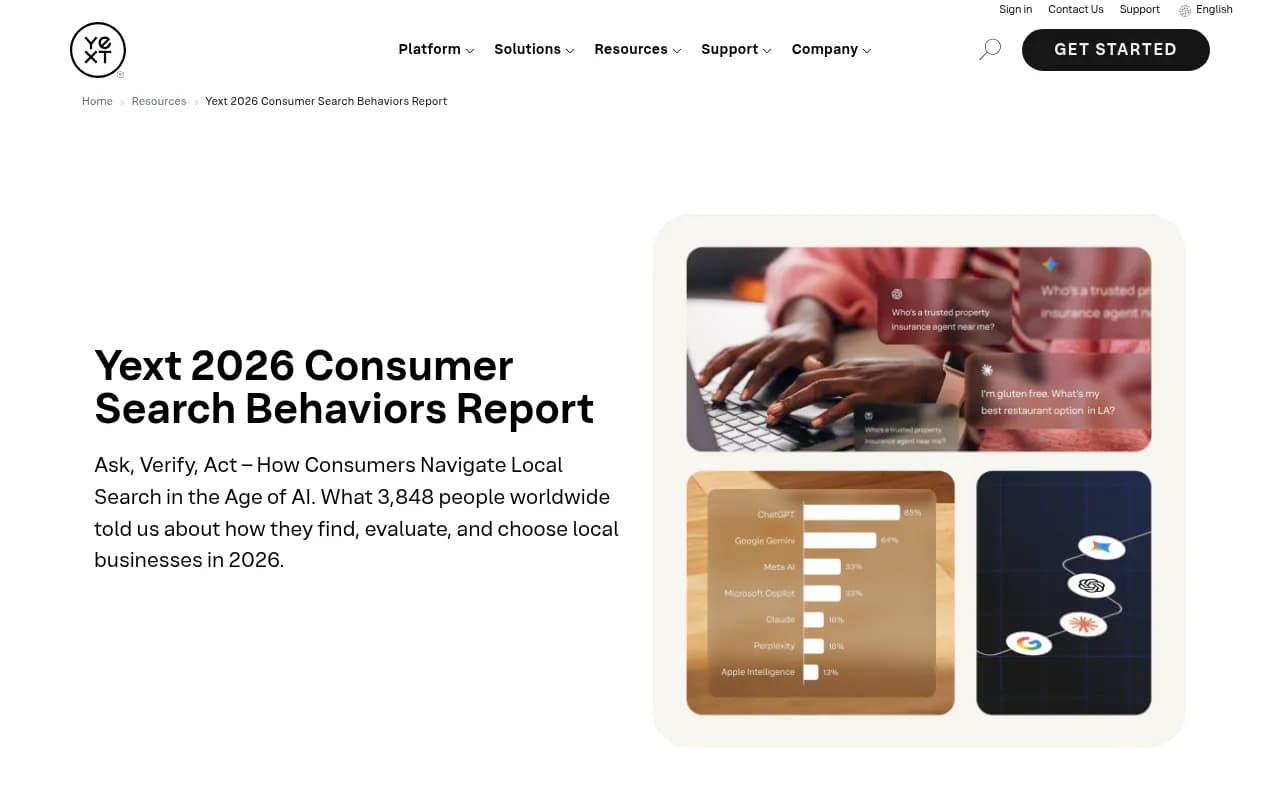 Yext 2026 Consumer Search Behaviors Report showing AI adoption trends and how consumers navigate local search