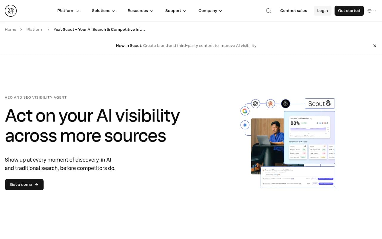 Yext's Scout product page showing AI visibility monitoring and the Action Center