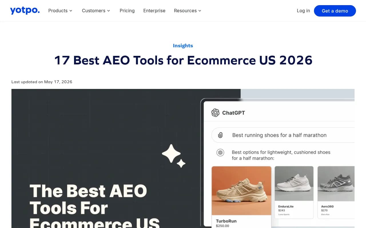Yotpo's overview of the 17 best AEO tools for ecommerce in 2026, showing key stats on AI-driven shopping behavior