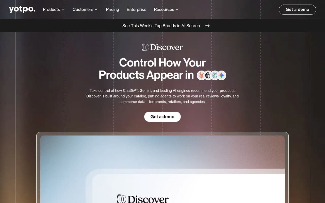 Yotpo Discover product page describing AI visibility for ecommerce