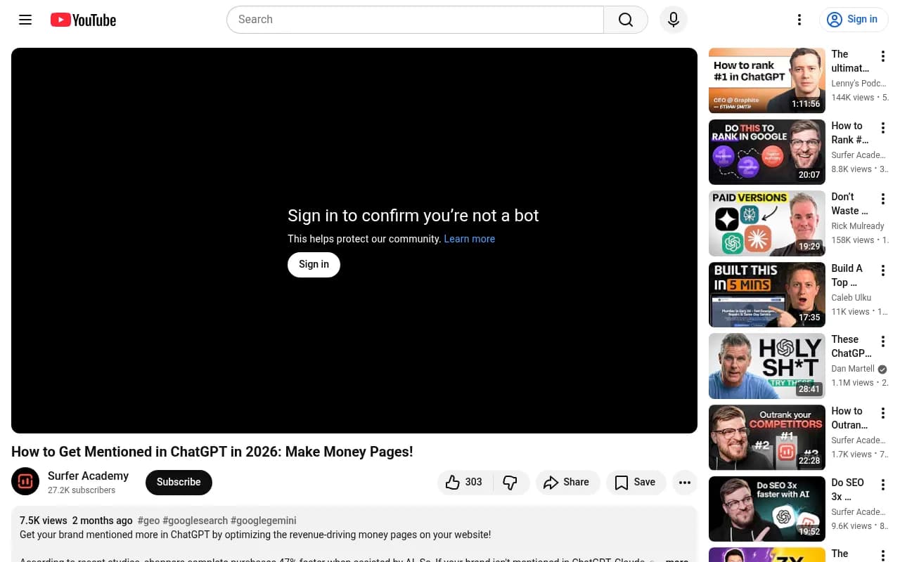 YouTube video showing money page optimization strategy