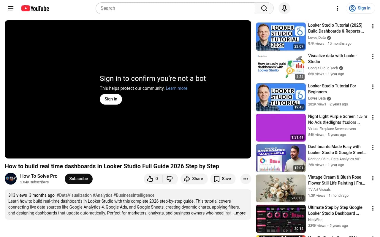 Looker Studio real-time dashboard tutorial showing how to connect live data sources and build auto-updating charts
