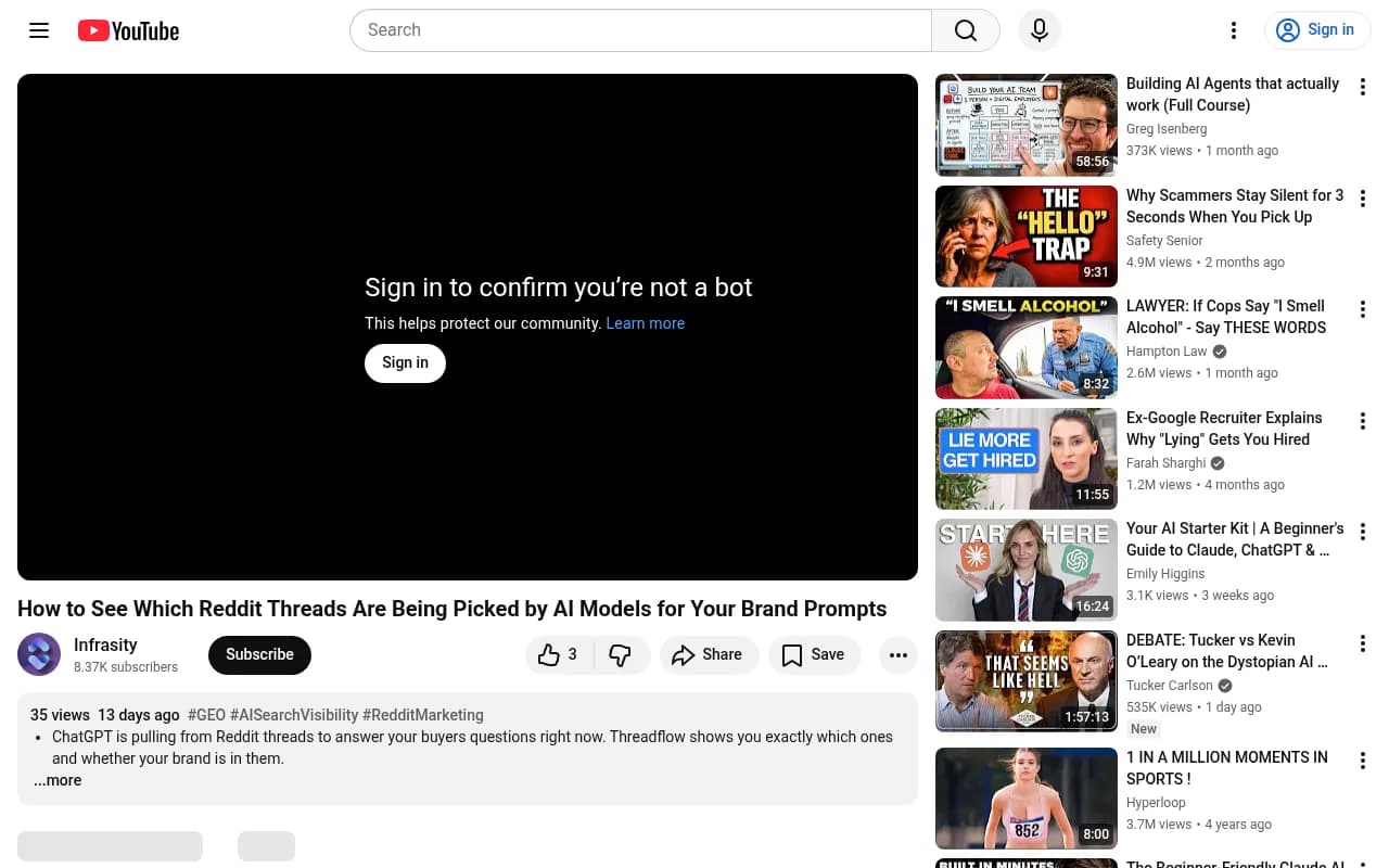 Infrasity Threadflow walkthrough showing Reddit thread citation mapping for brand prompts