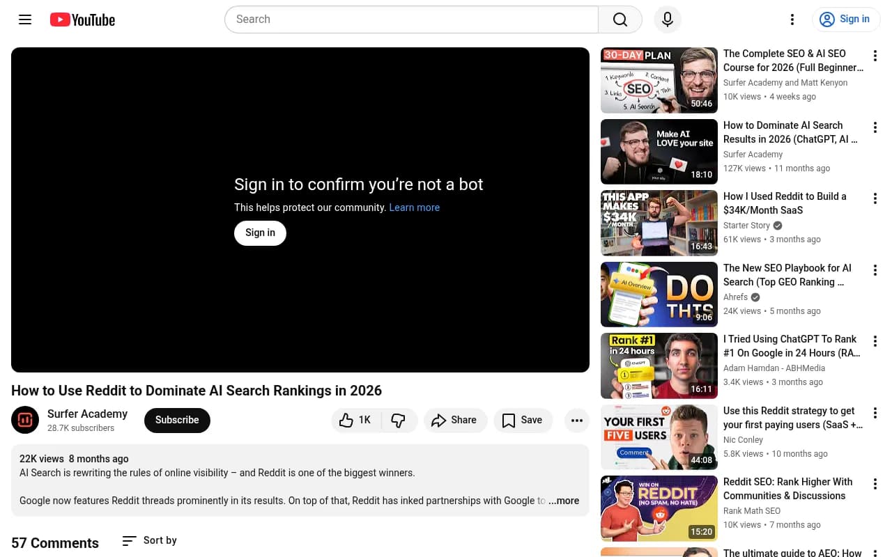 YouTube guide on using Reddit for AI search rankings in 2026