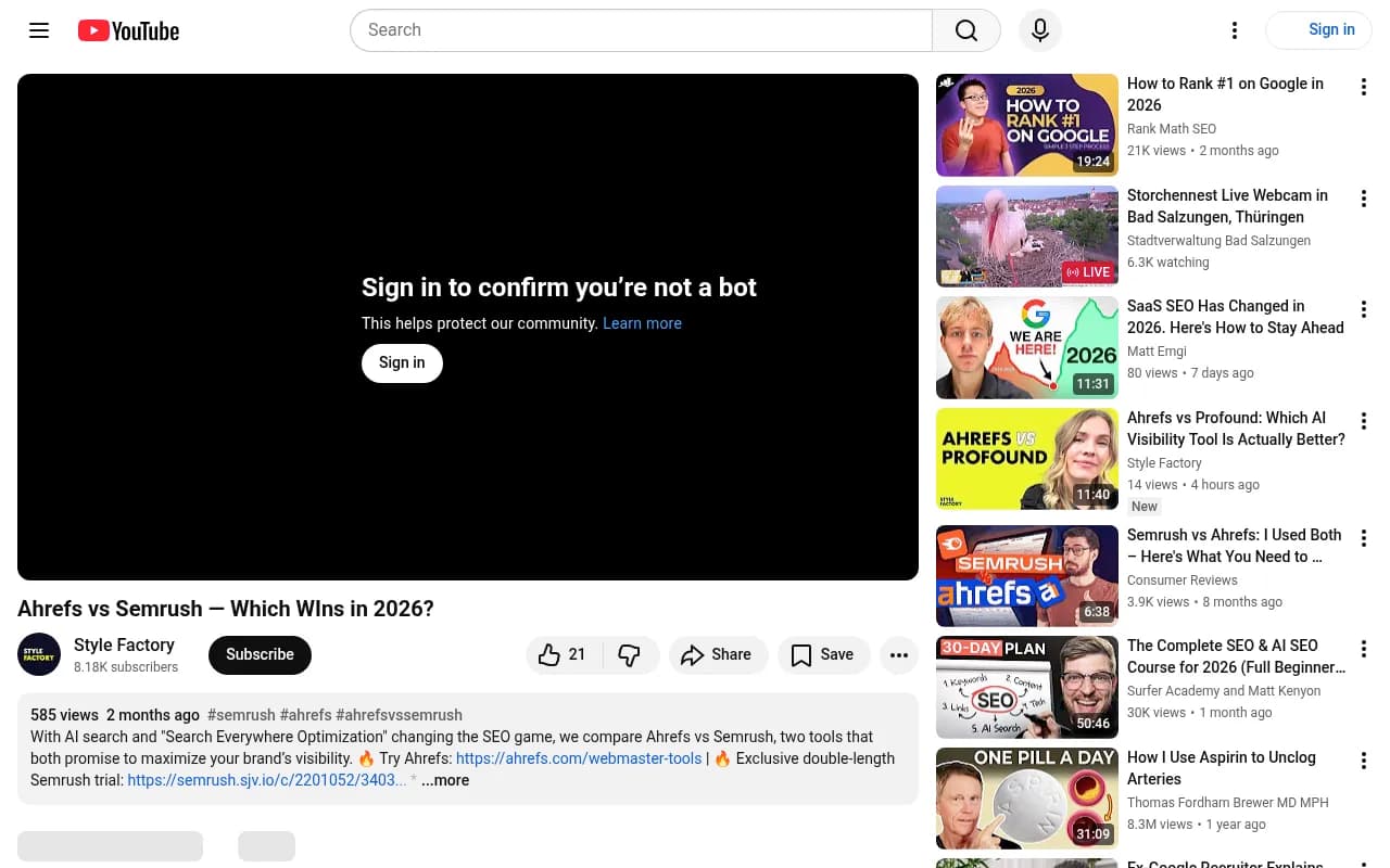 Ahrefs vs Semrush comparison video covering AI visibility features in 2026