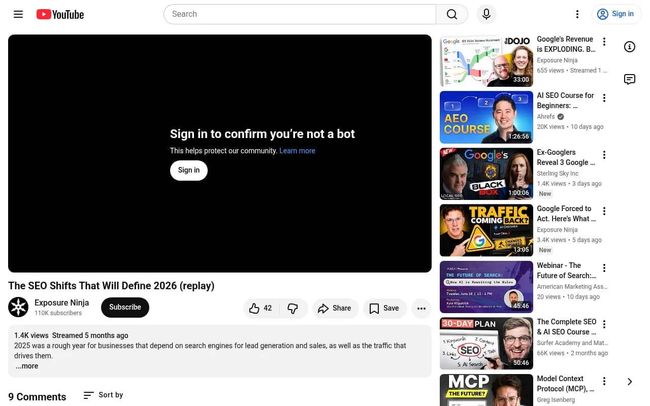 YouTube webinar on SEO shifts defining 2026, hosted by Exposure Ninja