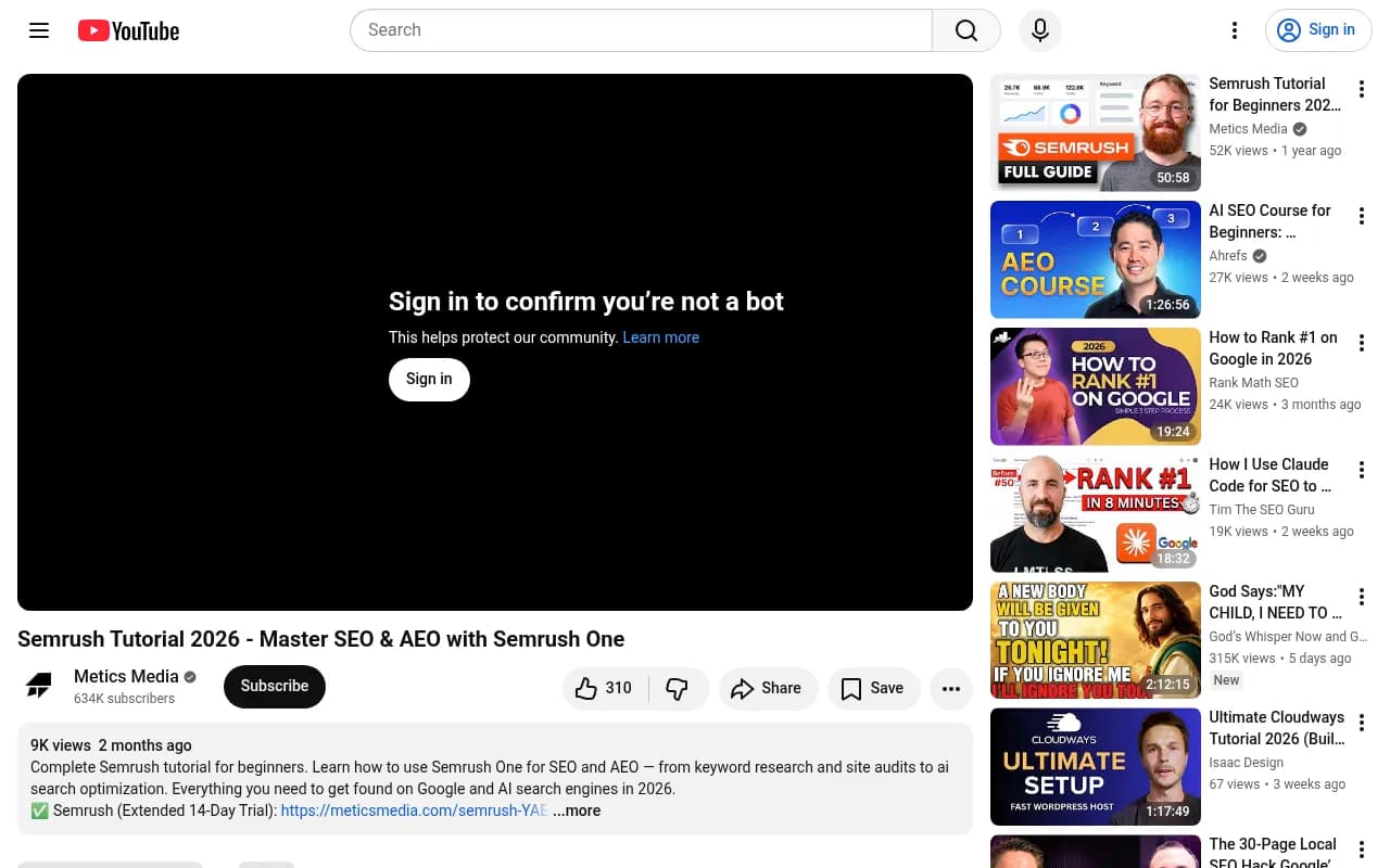 Semrush Tutorial 2026 covering SEO and AEO features including AI visibility tracking and brand performance reports