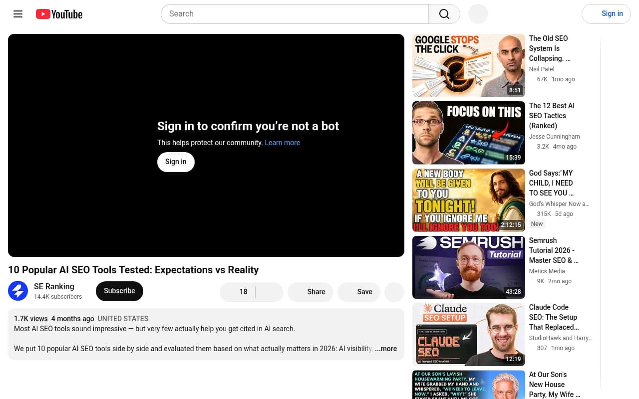 10 popular AI SEO tools tested in 2026 -- YouTube comparison by SE Ranking