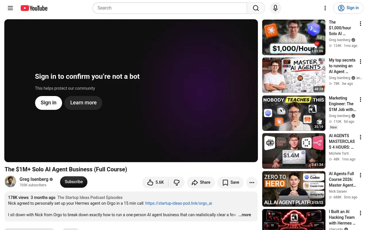 Screenshot of Greg Isenberg's full course video on building a one-person AI agent business