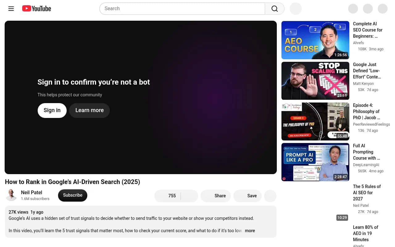 Neil Patel video on ranking in Google's AI-driven search