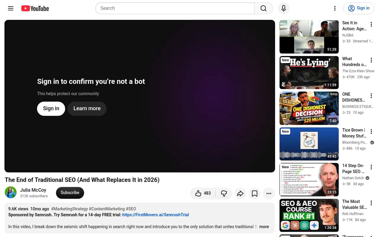A sponsored YouTube walkthrough arguing traditional SEO alone leaves you behind in 2026