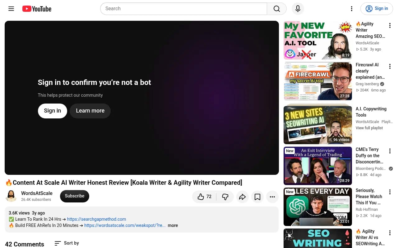 A 2023 YouTube review of Content at Scale, useful mainly as a record of outdated pricing