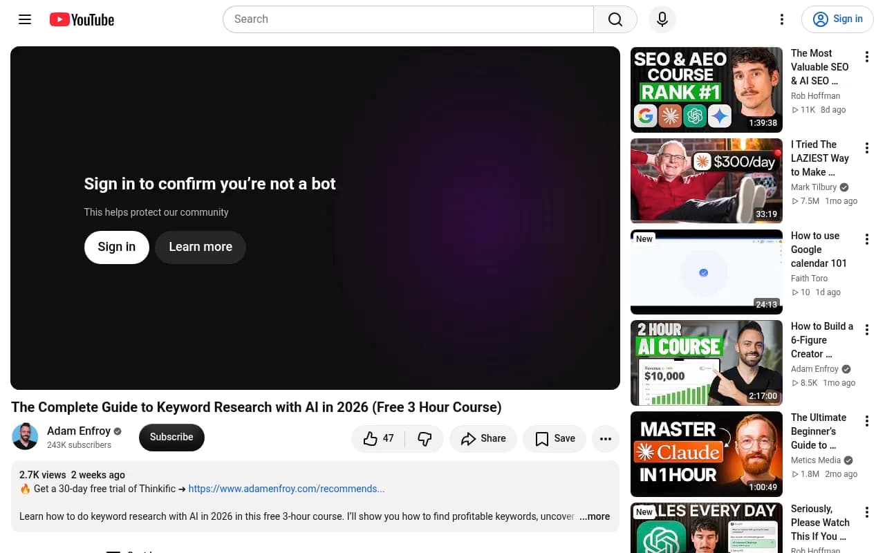Adam Enfroy's 3-hour free course on keyword research with AI in 2026