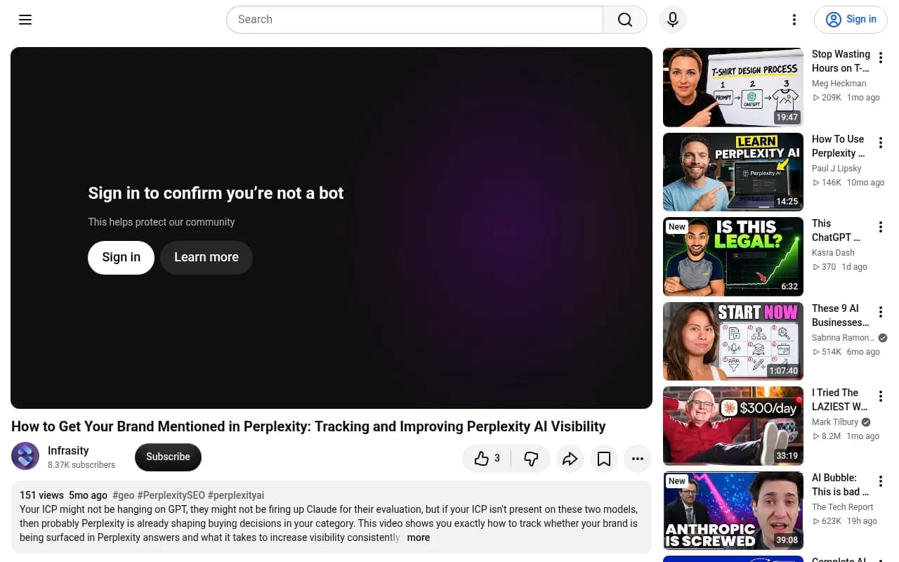 Walkthrough of a GEO dashboard filtered to Perplexity showing cited prompts and sources
